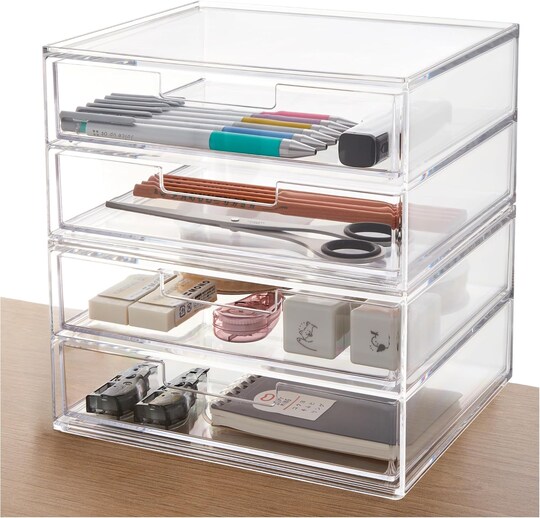 Stackable Desk Drawer Organizer, Clear 4-Drawer Pen & Pencil Holder for Office Supplies, Makeup Brushes, Cosmetics, Jewelry & Desktop Storage, BPA-Free, Made in USA